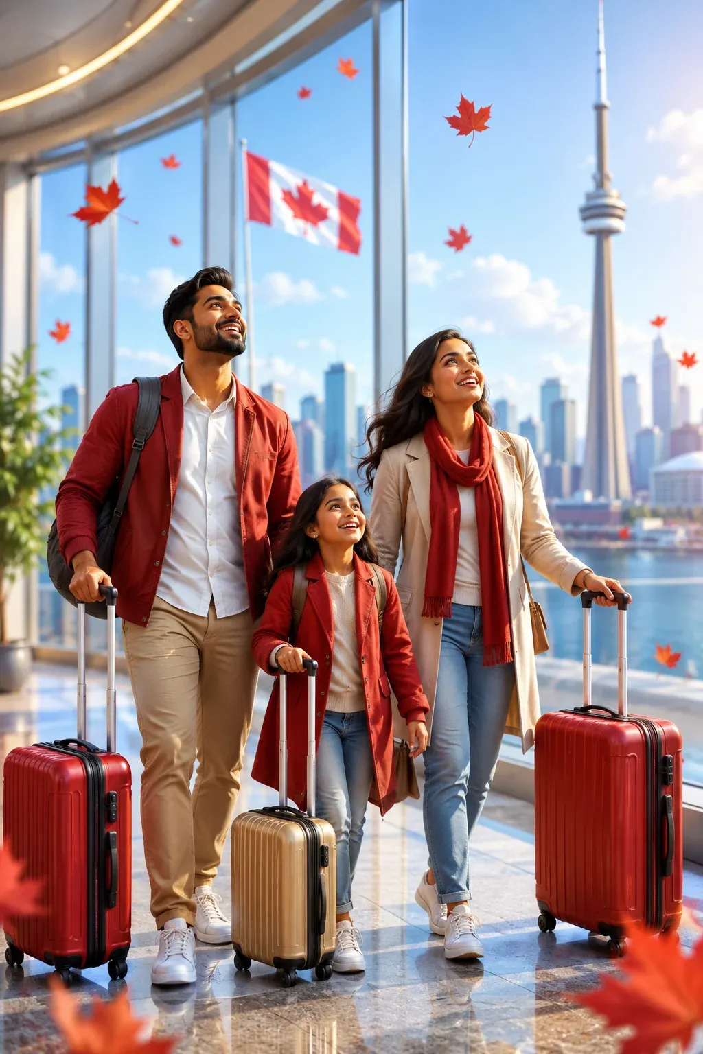 Happy newcomer family arriving in Canada with luggage, Toronto skyline behind them