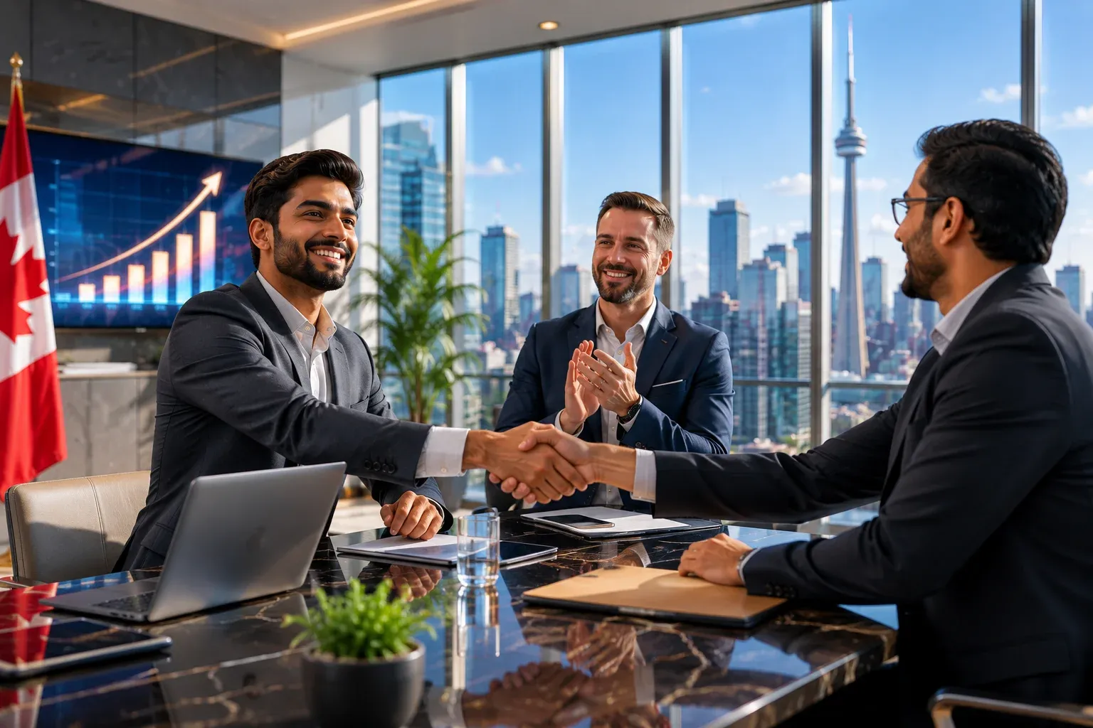Entrepreneur shaking hands in a bright modern Canadian office